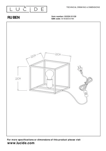 Lucide RUBEN - Tafellamp - 1xE27 - Zwart - technisch